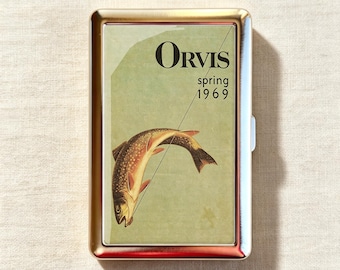 Vintage Orvis Spring 1969 Leaping Trout Fly Fishing Cigarette Case-Zigarettenetui Wallet Metal Joint Holder