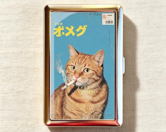 Retro 70s Japanese Magazine Smoking Ginger Cat Cigarette Case-Zigarettenetui Wallet Metal Joint Holder
