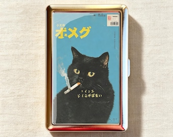 Retro 70s Japanese Magazine Smoking Black Cat Cigarette Case-Zigarettenetui Wallet Metal Joint Holder