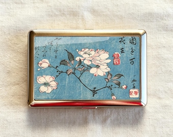 Antique Ukiyo-e Blush Magnolia Branch Calligraphy Red Seal Cigarette Case-Zigarettenetui Wallet Metal Joint Holder