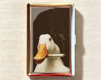 Weird Vintage Smoking White Duck Portrait Cigarette Case-Zigarettenetui Wallet Metal Joint Holder