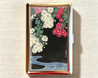 Antique Ukiyo-e Red & White Chrysanthemum Swirling River Cigarette Case-Zigarettenetui Wallet Metal Joint Holder
