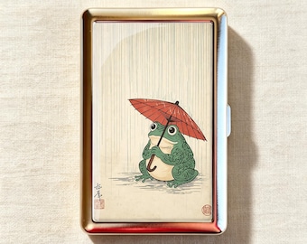 Vintage Ukiyo-e Rain Frog Red Wagasa Umbrella Cigarette Case-Zigarettenetui Wallet Metal Joint Holder