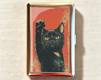 Retro Propaganda Raised Fist Black Cat Cigarette Case-Zigarettenetui Wallet Metal Joint Holder