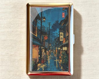 Moody Rainy Vintage Japanese Kyoto Lantern Alley Woodblock Cigarette Case-Zigarettenetui Wallet Metal Joint Holder
