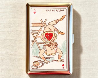 Antique Vintage Circus Acrobat Ace of Hearts Cigarette Case-Zigarettenetui Wallet Metal Joint Holder