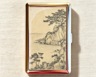 Traditional Chinese Ink Shan Shui Pine Mountain Cigarette Case-Zigarettenetui Wallet Metal Joint Holder