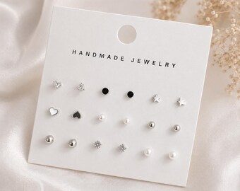 Alloy Metal Stud Earrings Set, Star Heart CZ, Minimalist Everyday Jewelry