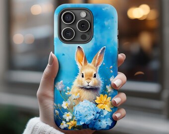 Funda de teléfono personalizada con conejito de Pascua y flores de primavera, bonita funda de teléfono con conejito, funda de teléfono con conejo, funda estética para teléfono con conejitos, funda para teléfono