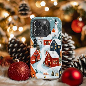 Personalized Scandinavian Christmas Village Phone Case, Scandinavian Christmas Village Phone Case Gift, Scandinavian Minimal Phone Case