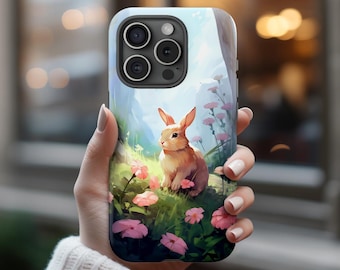 Funda para teléfono personalizada con conejito de Pascua y flores rosas primaverales, linda funda para teléfono con diseño de conejito, funda para teléfono con diseño de conejo, funda para teléfono con diseño de conejitos.