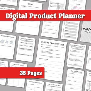 Op de afbeelding: Een verzameling witte pagina's met zwarte tekst, getiteld "Digital Product Planner". De pagina's bevatten secties over producttypen, doelgroep en digitale producten. Een rode banner toont "Digital Product Planner" en "35 Pages."