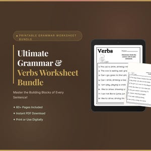 Op de afbeelding: Een digitale bundel met grammatica-werkbladen met de titel "Ultimate Grammar & Verbs Worksheet Bundle" wordt weergegeven op een tablet. De bundel bevat meer dan 80 pagina's, is direct als PDF te downloaden en kan worden afgedrukt of digitaal gebruikt.