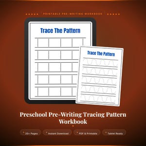 Op de afbeelding: Twee witte werkboeken met de tekst "Trace The Pattern" in blauw. Eén werkboek toont stippellijnen, de andere golvende lijnen. De afbeelding bevat ook de tekst "Preschool Pre-Writing Tracing Pattern Workbook".