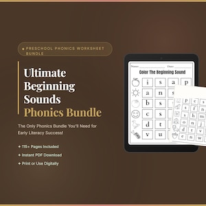 Op de afbeelding: Een digitale bundel voor fonetiek voor kleuters. De afbeelding toont een tablet met een werkblad met letters en afbeeldingen, en de tekst "Ultimate Beginning Sounds Phonics Bundle". De bundel bevat meer dan 115 pagina's en is direct als PDF te downloaden.