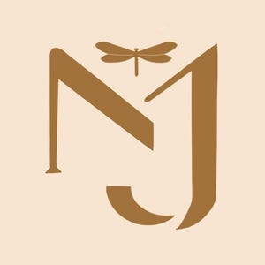 May include: A brown monogram logo with the letters "NJ" in a stylized font. A dragonfly with brown wings is positioned above the letters.