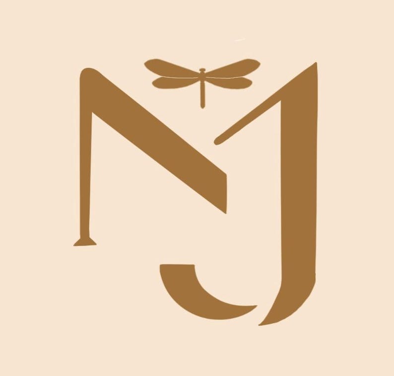 May include: A brown monogram logo with the letters "NJ" in a stylized font. A dragonfly with brown wings is positioned above the letters.