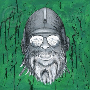 May include: A black and white illustration of a creature wearing a helmet and sunglasses. The creature has a large, bushy beard and a toothy grin. The background is a green color with black splatter paint.