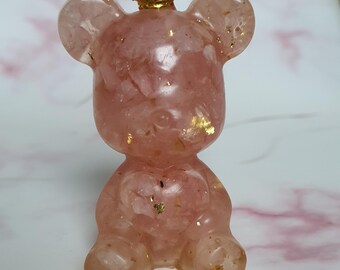 Rose Quartz Teddy Bear Figurine: Crystal-Infused Resin Decor
