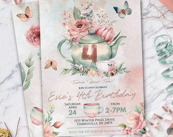 Tea Party Editable Invitation, Tea Party Invitation for Girl's Birthday Party - Digital Invitation, Instant Download, DIY Edit Yourself