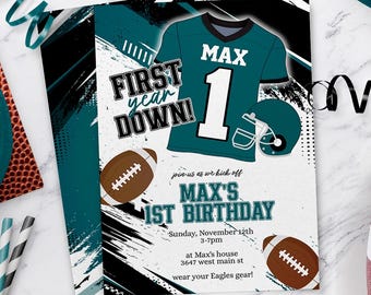 Midnight Green Football 1st Birthday Invitation, Philadelphia First Down Party Invite, Editable Template