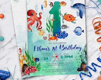 Invitación de cumpleaños con temática marina, Primer cumpleaños bajo el mar, Invitación para fiesta de animales marinos, Para niños y niñas de cualquier edad, Plantilla editable
