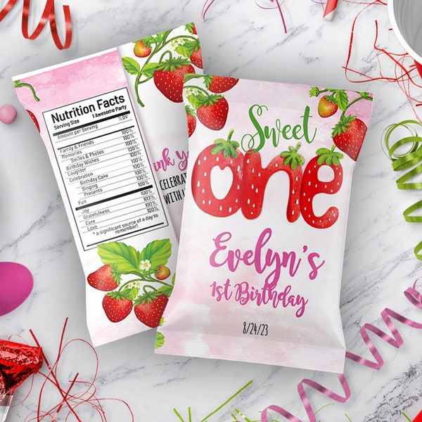 Strawberry Sweet One 1st Birthday Chip Bag Template | Instant Download Editable - DIY - Edit Yourself