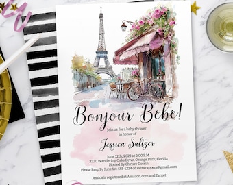 Uitnodiging voor een babyshower in Parijse stijl, roze en zwart met de Eiffeltoren, chique Franse bewerkbare sjabloon (digitale download)