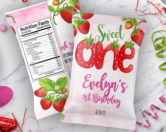 Strawberry Sweet One 1st Birthday Chip Bag Template | Instant Download Editable - DIY - Edit Yourself