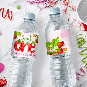 Strawberry Sweet One 1st Birthday Water Bottle Wrappers - Berry Theme First Birthday |  Instant Download - DIY - Edit Yourself