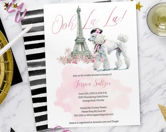 Paris Invitation with Pink Poodle, Oh La Ka Girl Baby Shower, Parisian, French, Digital Download Template