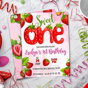 Strawberry Sweet One 1st Birthday Invitation - Berry Theme Party Invite - Digital Invitation, Instant Download, DIY Edit Yourself
