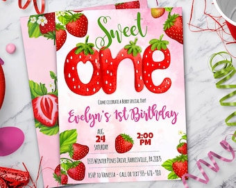 Strawberry Sweet One 1st Birthday Invitation - Berry Theme Party Invite - Digital Invitation, Instant Download, DIY Edit Yourself