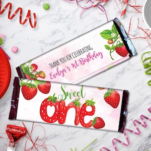 Strawberry Sweet One 1st Birthday Candy Wrapper Favors - Candy BAr Wrappers for Strawberry Party - Digital Template, Instant Download