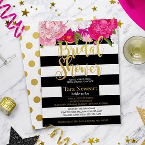 Bridal Shower Invitation | Floral Bridal Shower Invitation | Kate | Stripes Striped Invite | Gold | Black White | Print Your Own | Spade