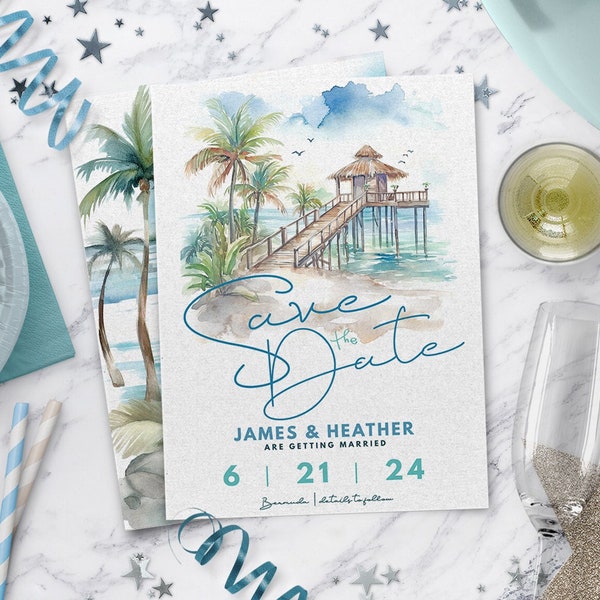 Save the Date template, Destination Wedding Save the Date with Watercolor Beach Art - Instant Download