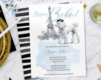 Bonjour Bebe Paris Invitation for Boy Baby Shower, French Poodle in Blue, Parisian, Digital Download Template