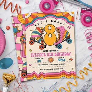 Retro Roller Skating Party Invitation, Let&#39;s Roll, Skate invitation, Groovy Birthday for ANY AGE - Instant Download
