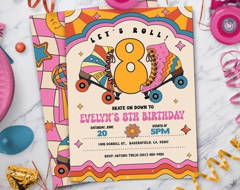 Retro Roller Skating Party Invitation, Let's Roll, Skate invitation, Groovy Birthday for ANY AGE - Instant Download