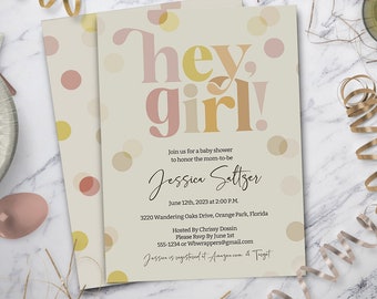 Baby Shower Invitation, "Hey Girl", Girl Baby Shower, Modern Baby Shower, Retro Baby Shower