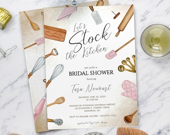 Bridal Shower Invitation, Kitchen theme, Pink, Stock the Kitchen Party, Instant download, editable design