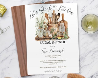 Bruidsdouche uitnodiging, keukenthema, rustieke aardetinten, Stock the Kitchen Party, Instant download, bewerkbaar ontwerp