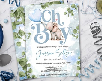 Elephant Baby Shower Invitation, Oh Boy, Little Peanut Blue Invite, Editable Instant Download Template