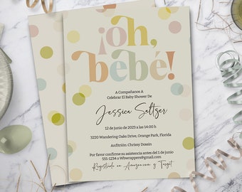 Oh Bebe, Baby Shower Invitation, Spanish Baby Shower Invitation,  Modern baby shower, Retro baby shower