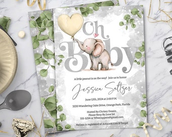 Elephant Baby Shower Invitation, Gender Neutral Yellow and Gray Invite, Editable Instant Download Template