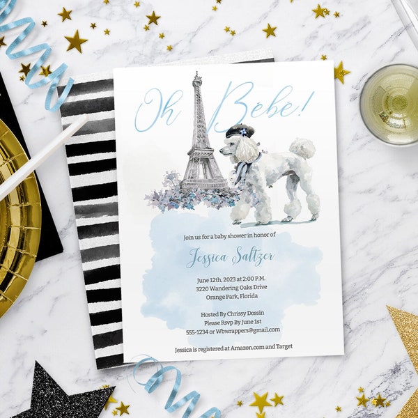 Paris Invitation for Boy Baby Shower, French Poodle in Blue, Parisian, Oh Bebe, Digital Download Template