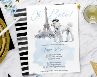 Paris Invitation for Boy Baby Shower, French Poodle in Blue, Parisian, Oh Bebe, Digital Download Template