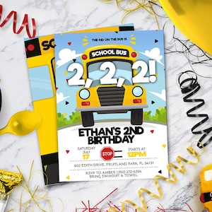 Ruedas en la invitación de cumpleaños del autobús, para cumpleaños del autobús escolar, fiesta del autobús escolar, CUALQUIER EDAD - Descarga instantánea