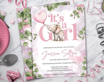 Elephant Baby Shower Invitation for Girl, Pink Elephants, Editable Instant Download Template