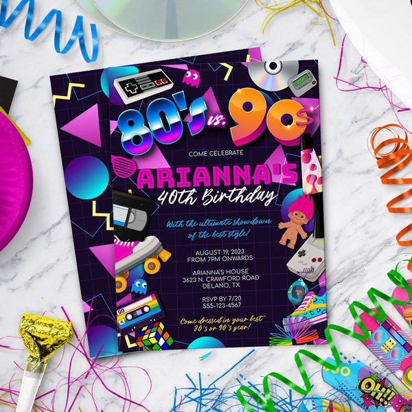 80s vs. 90s Party Invitation, Great 40th Birthday Party, 80s Invitation, 90s, 90s vs 80s, Instant Download, DIY Edit Yourself